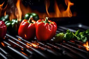 The camera gets closer to show BBQ Stuffed Bell Peppers They are being cooked on a grill with fire in the background photo