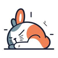 Cute little rabbit sleeping on the ground. Vector illustration in line style.