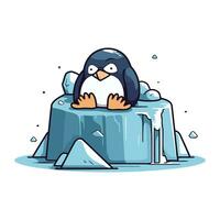 Cute penguin sitting on ice cube. Cartoon vector illustration.