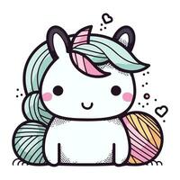 Cute cartoon unicorn with a ball of yarn. Vector illustration.
