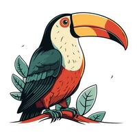 Toucan sitting on a branch with leaves. Vector illustration.