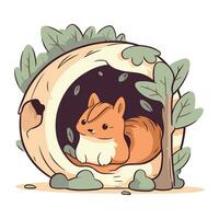 Cute fox in a hole in the tree. Vector illustration.