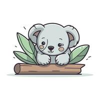 Cute koala sitting on a log with leaves. Vector illustration.