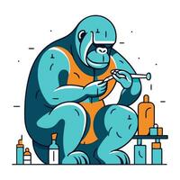 Vector illustration of a gorilla with a syringe. Flat line art style design.