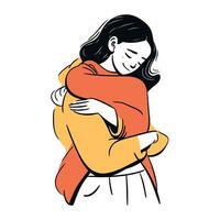 Vector illustration of a girl in a warm sweater hugging her friend.