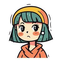 triste niña dibujos animados personaje. vector ilustración en garabatear estilo.