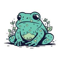 Cute cartoon frog sitting on the ground. Hand drawn vector illustration.