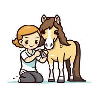 pequeño niña con un caballo. vector ilustración en un plano estilo.