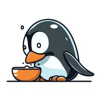 linda pingüino con cuenco de cereales. vector ilustración.