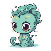 Cute cartoon baby boy with green hair and blue eyes. Vector illustration.