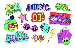 90s and 00s Retro Music Nostalgia set. Vintage boombox, audio CD player, cassette. Hand drawn doodle stickers with speech bubble elements, Memphis style. Outline vector illustration