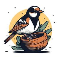 Chickadee bird sits on a nest. Vector illustration.