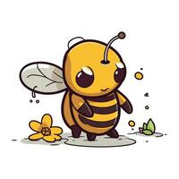 Cute cartoon bee with flower on a white background. Vector illustration.