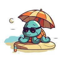 Cartoon turtle sitting on the sand under an umbrella. Vector illustration.