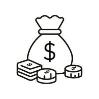 Pile of money near money bag. Budget, investment profit and income concept. Vector illustration