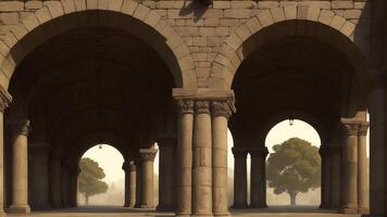 Ancient classic architecture stone arches with flames. AI Generated photo