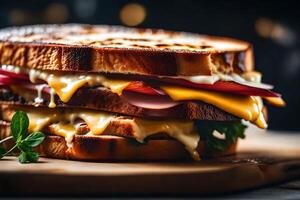 Taking a close up picture of a Croque Monsieur sandwich, with a blurred and aesthetically pleasing background   AI Generated photo