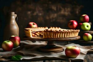 A slice of traditional American apple pie is displayed on an old fashioned wooden pie stand AI Generated photo