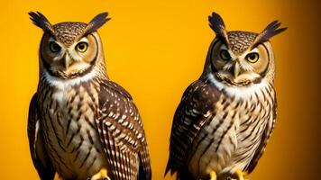Studio portrait of surprised owl, on studio background. photo