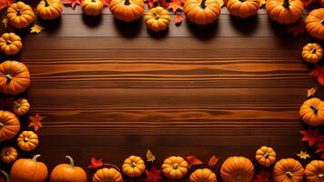 Jack o lantern Halloween symbol background Pumpkins on wooden board. photo