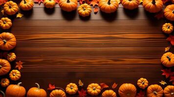 Jack o lantern Halloween symbol background Pumpkins on wooden board. AI Generated photo