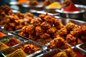 un plato de picante indio pakoras es desplegado en un animado mercado puesto, con un montón de diferente vistoso especias cerca ai generado foto