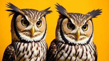 Studio portrait of surprised owl, on studio background. photo