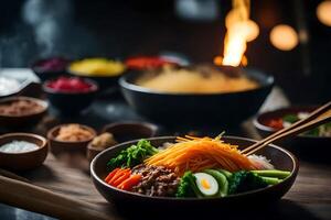 el cámara es Moviente cerca a espectáculo un sabroso y bien apreciado coreano comida llamado bibimbap algunas veces eso es difícil a entender cosas y figura fuera por qué ellos ocurrir ai generado foto