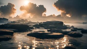 Abstract minimal concept. Dark background with natural granite stones podium on water and smoke surrounding. photo