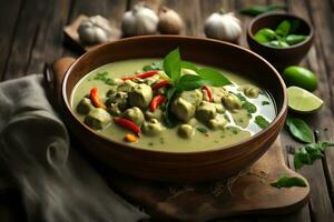There is a dish of delicious Thai green curry sitting on an old wooden bench AI Generated photo