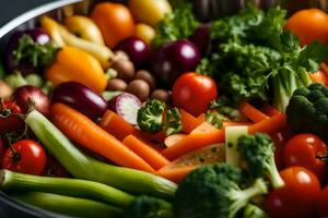 un imagen de un cuenco con verduras, tomado en un brillante foto estudio ai generado