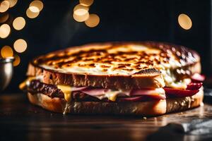 Taking a picture of a Croque Monsieur sandwich close, with a nice blurry background that looks good Please rephrase this text in simpler terms photo
