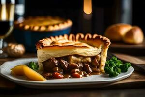 This picture is a close up of a Beef and Guinness Pie The background is blurry, but you can see a pretty forge in it AI Generated photo