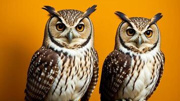 Studio portrait of surprised owl, on studio background. photo