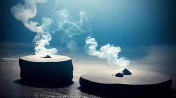 Abstract minimal concept. Dark background with natural granite stones podium on water and smoke surrounding. photo