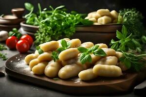 un sabroso italiano patata bola de masa hervida llamado Ñoquis se sienta en un antiguo cocina encimera, con fragante hierbas dispersado cerca ai generado foto