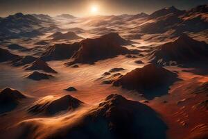 An image of a desert landscape with mountains and sun photo
