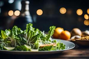 The camera moved closer to a Caesar salad, and far away there was a blurry picture of a clean blacksmith workshop photo