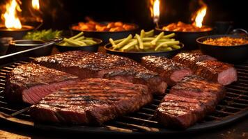 close up of meat on the grill and group of friends at background. photo