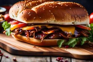 el principal punto es un imagen de un barbacoa tirado Cerdo emparedado con un brillante antecedentes en un estudio ajuste ai generado foto