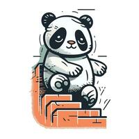 Cute panda sitting on the brick wall. Vector illustration.