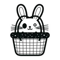 Easter bunny in a basket. Black and white vector illustration.