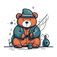 Cute cartoon bear sitting on the ground and fishing. Vector illustration.