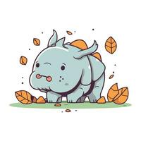 Cute cartoon rhinoceros with autumn leaves. Vector illustration.