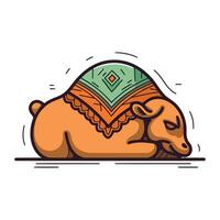 Cute camel sleeping on white background. Vector illustration in doodle style.