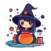 Cute little girl in witch costume with potion. Vector illustration.