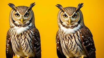 Studio portrait of surprised owl, on studio background. AI Generated photo