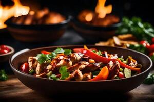 The camera is taking a close up picture of a Chicken Fajita Bowl, but the oven in the background looks blurry and not clear photo