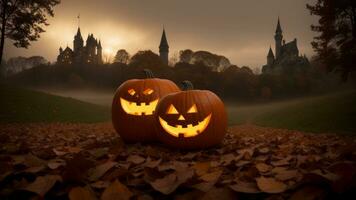 Halloween background. Jack o lantern against the backdrop of a mystical castle and a gloomy forest. AI Generated photo