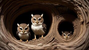 Curious two baby owls inside tree hole nest peeking out of the hole. photo
